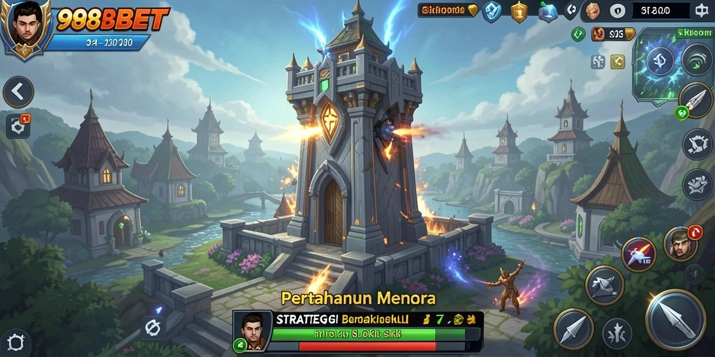 Screenshot utama 988BET menampilkan aksi intens dalam Tower Defense.
