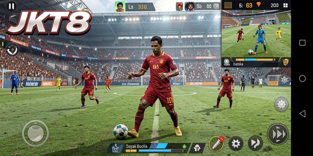 Tampilan gameplay seru di JKT8 dengan aksi sepak bola yang mendebarkan.
