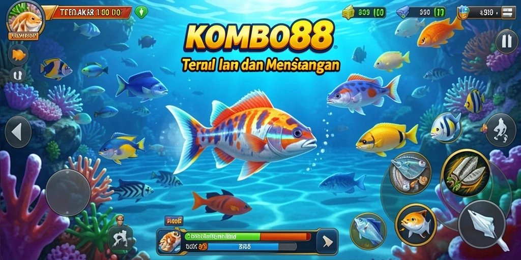 Tampilan gameplay seru dalam <strong>KOMBO88</strong> saat menembak ikan berwarna-warni.