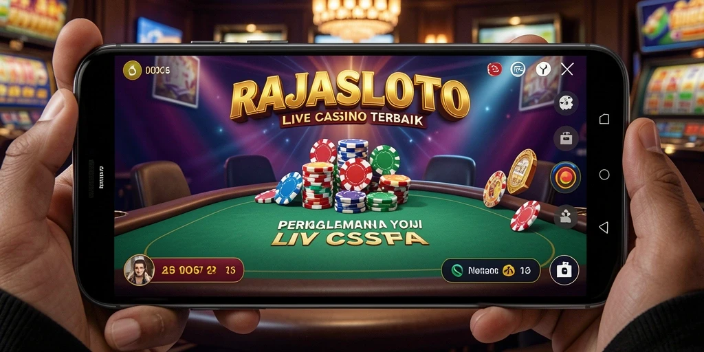 Screenshot gameplay RAJASLOTO yang menampilkan dealer live dan suasana permainan yang seru.