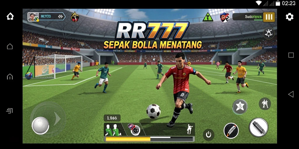 Screenshot gameplay RR777 yang menunjukkan aksi seru di lapangan sepak bola.